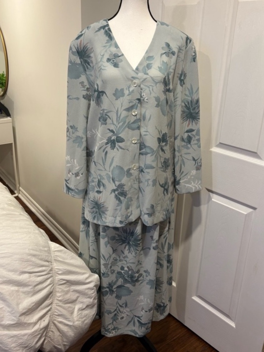 Vintage Koret Floral 2 Piece Skirt Set Sage Green Size 16 Cottagecore